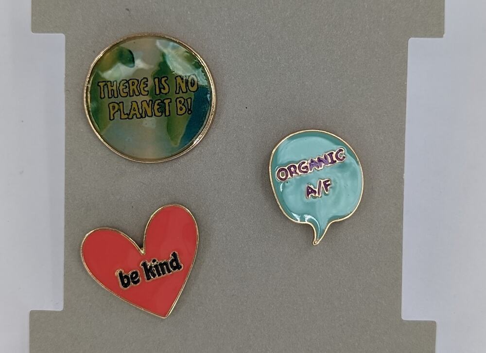 Kindness Pins Set of 3 Organic Planet Be Kind Environmental